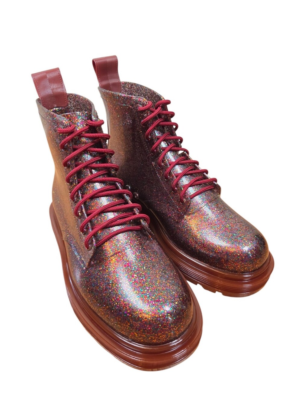 Melissa Coturno Burgundy Glitter Jelly Lace Up Women's Combat Boot Size 7 Boho